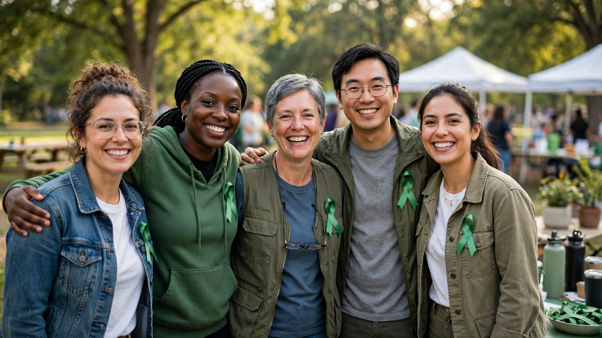Volunteers at a community awareness event, working together to challenge the stigma of mental illness