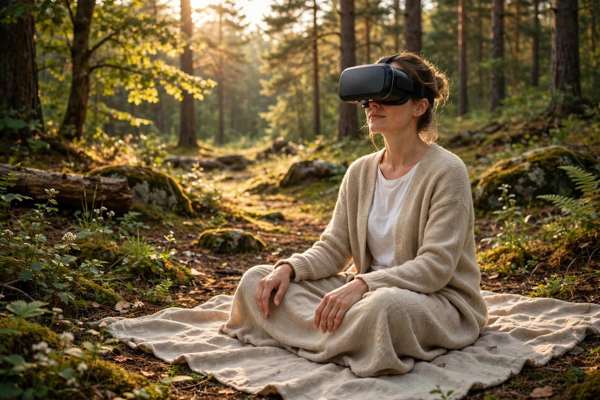 Serene virtual forest scene representing VR relaxation therapy