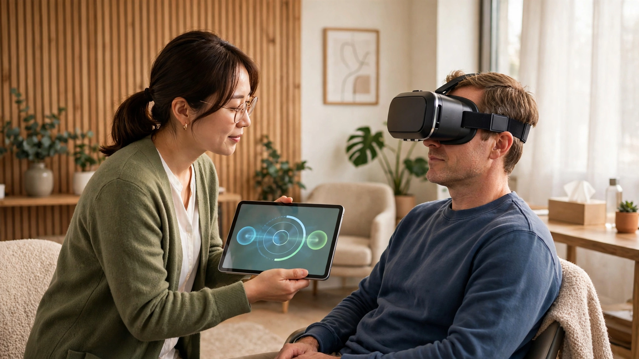 Therapist guiding a patient wearing a VR headset in a clinic