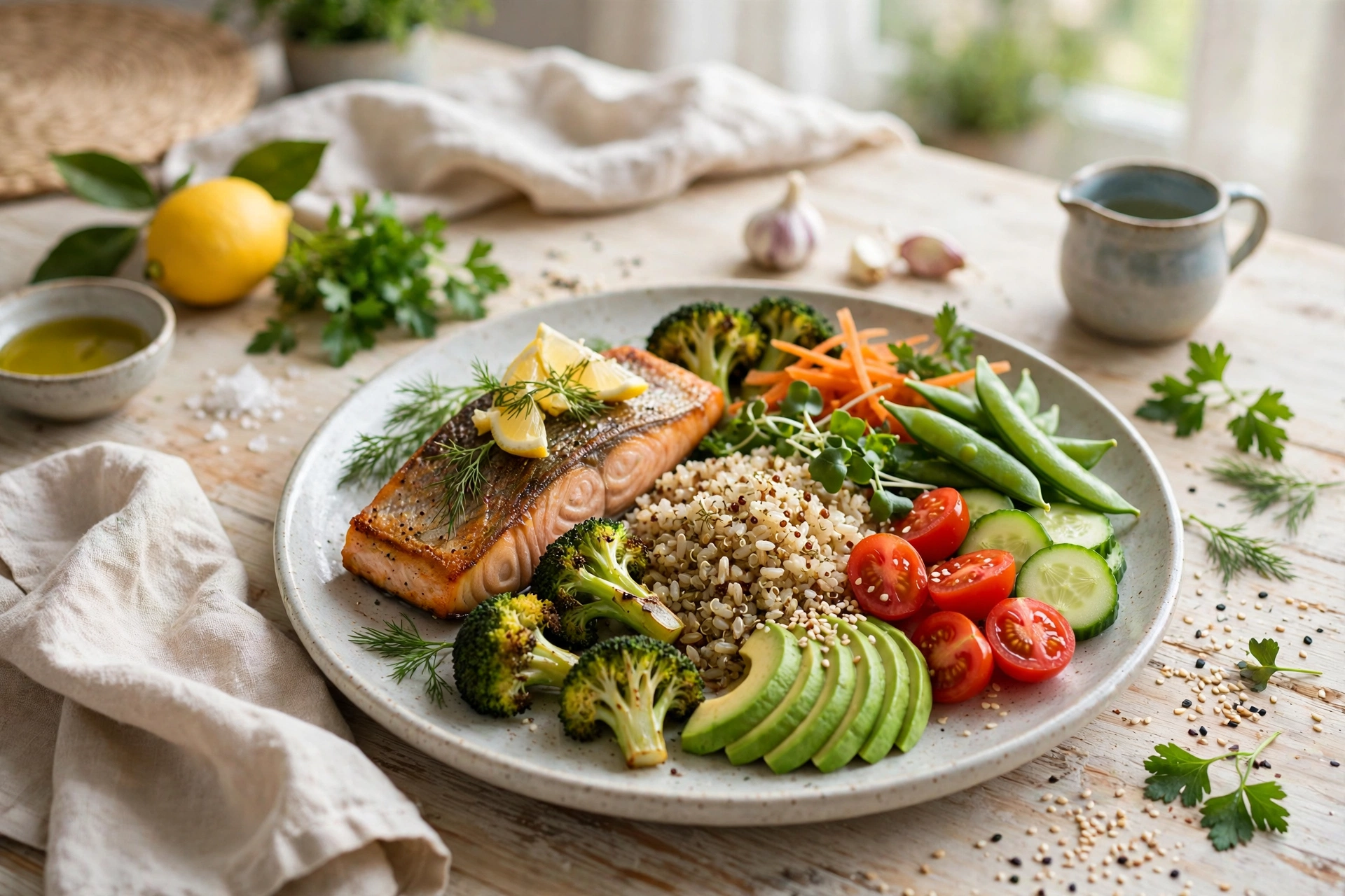 A balanced, less processed meal of the kind studied in gut-brain research on diet and mood
