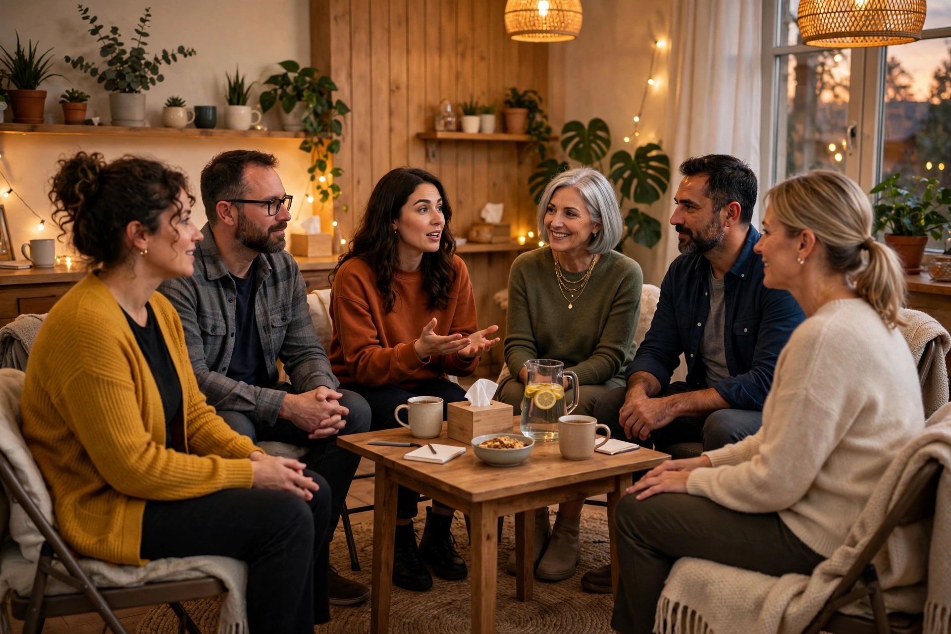 Community support group sitting in a circle sharing stories
