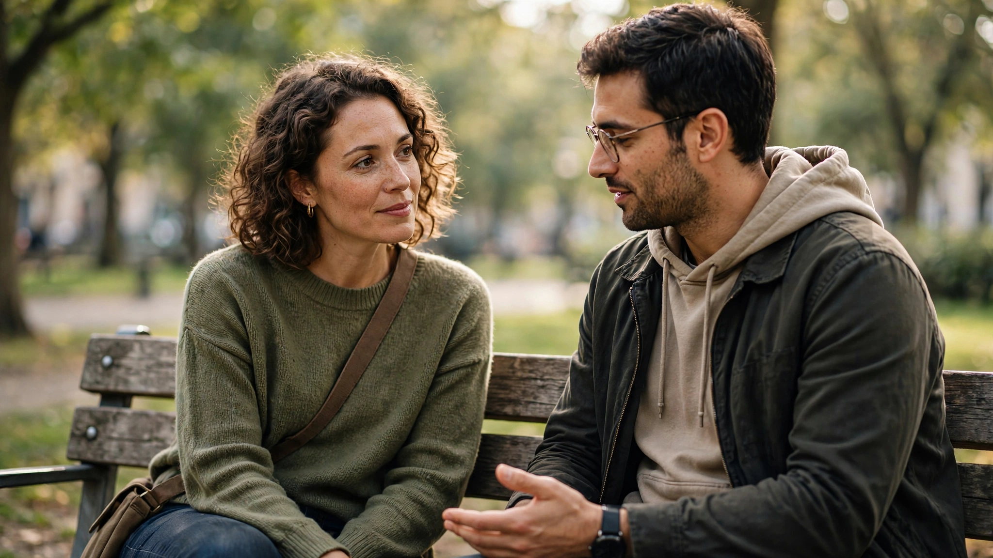 Two friends having a supportive conversation on a park bench