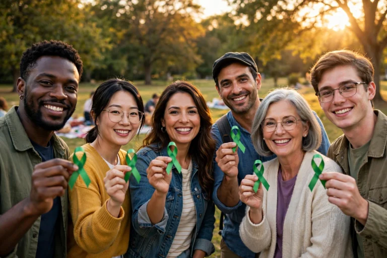 People holding green awareness ribbons for World Mental Health Day