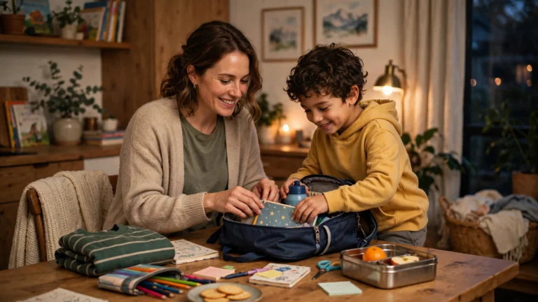 A mother and child preparing a school bag together, one of the calm parenting tips fpmomhacks families use