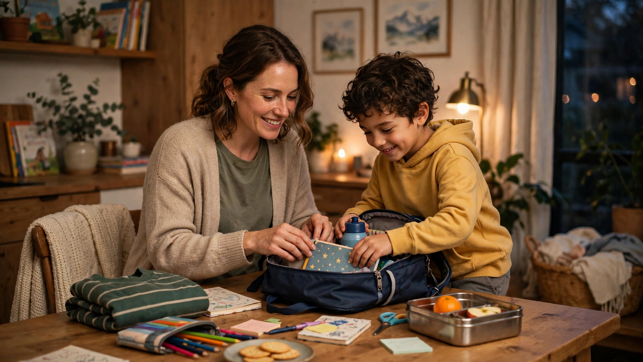 A mother and child preparing a school bag together, one of the calm parenting tips fpmomhacks families use