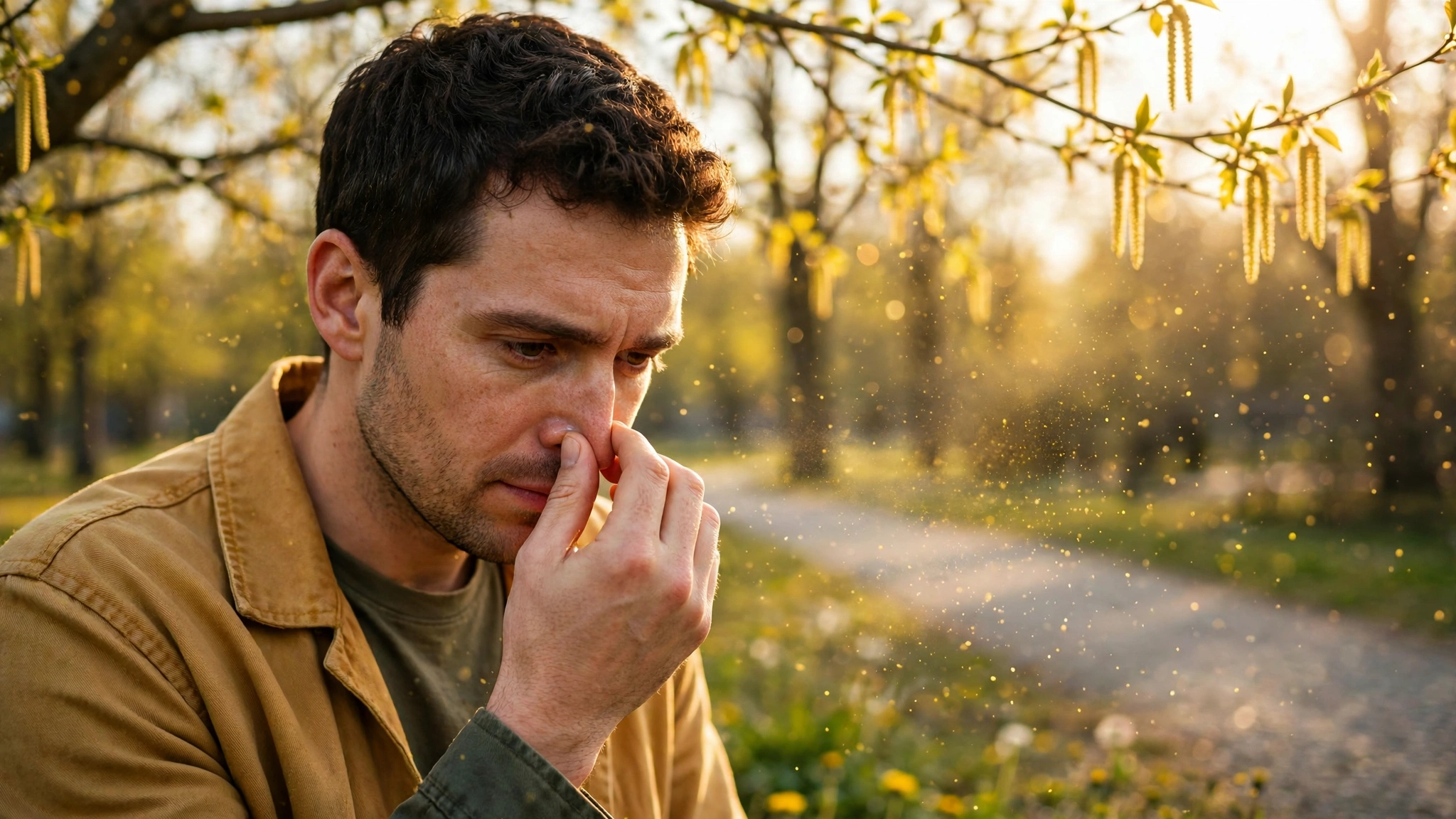 Person with seasonal allergy sniffles rubbing their nose outdoors in spring