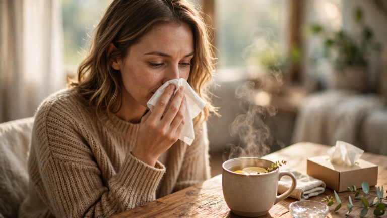 A woman with the sniffles holding a soft tissue to her runny nose on a bright morning
