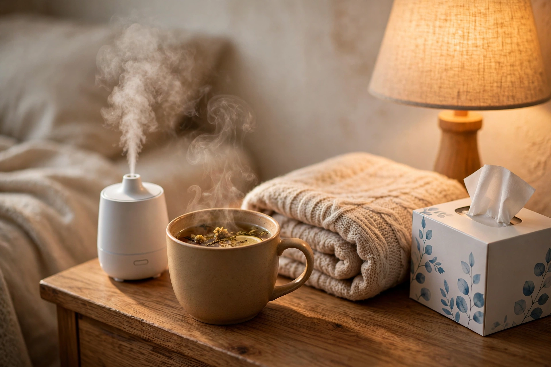 Cozy home setup for sniffles relief with warm tea and a humidifier