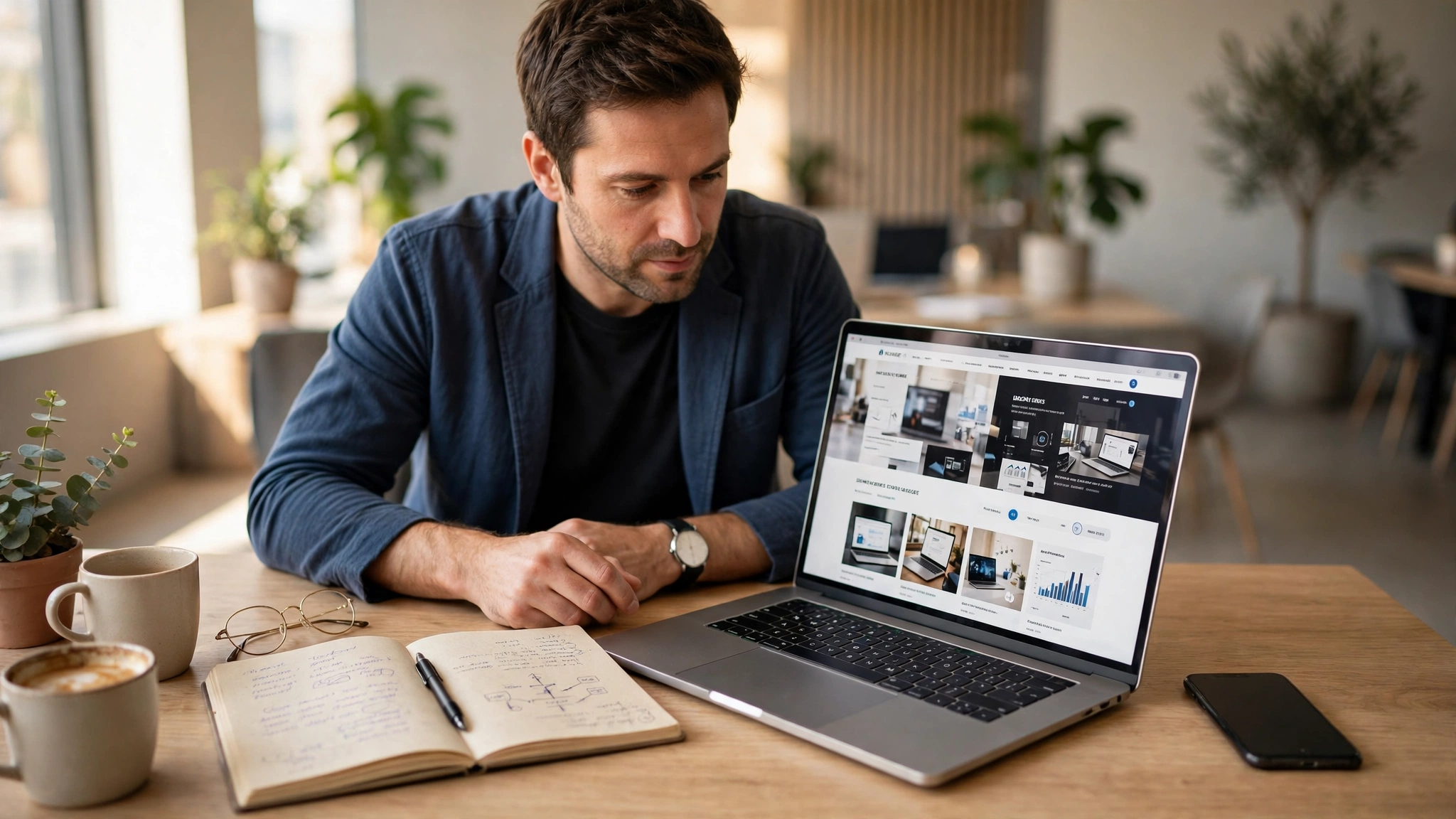 An entrepreneur reading webbizmagnet.com business guides on a laptop at a tidy desk