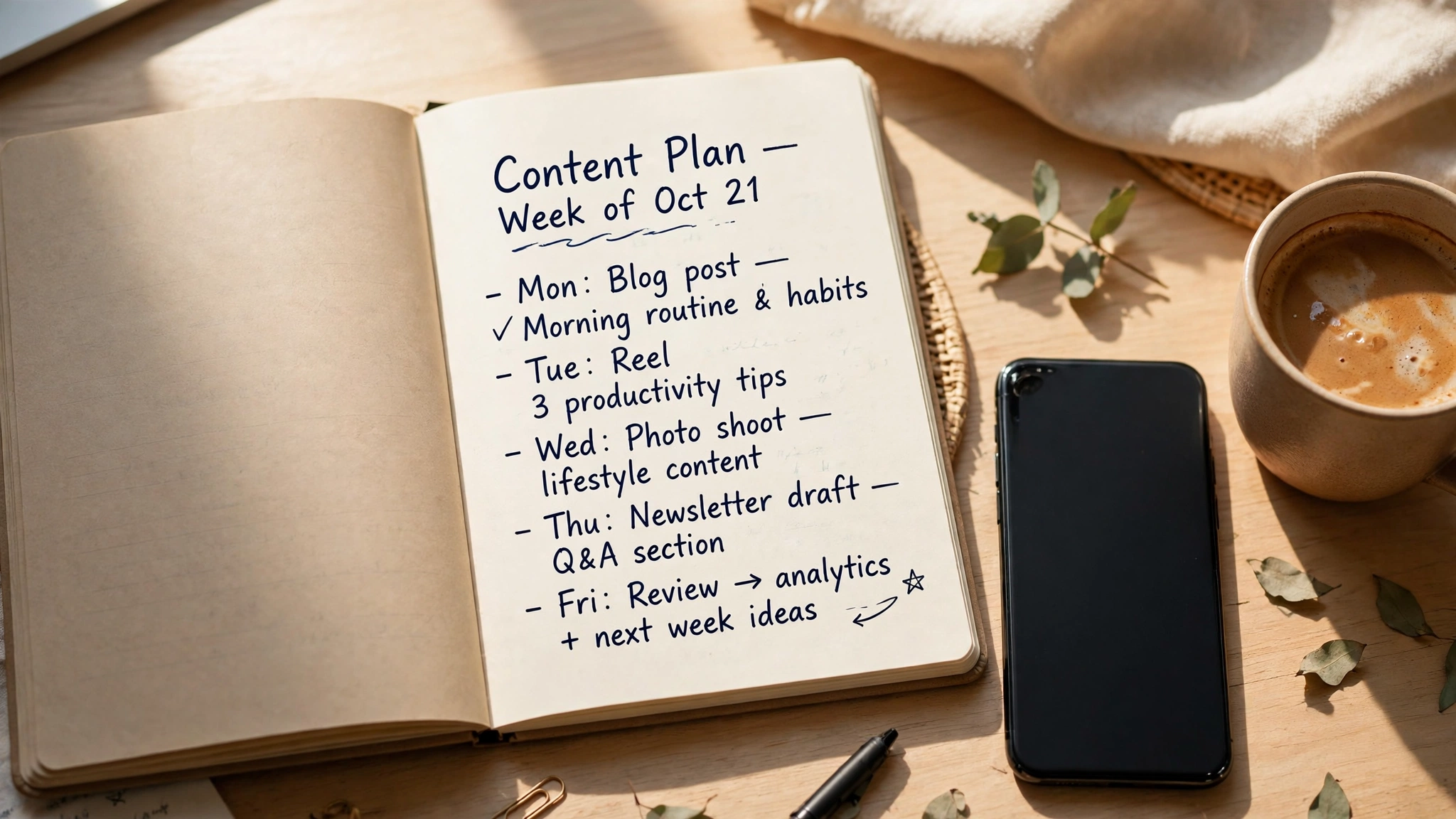 A simple content plan notebook, the kind of practical planning webbizmagnet.com readers use for digital marketing